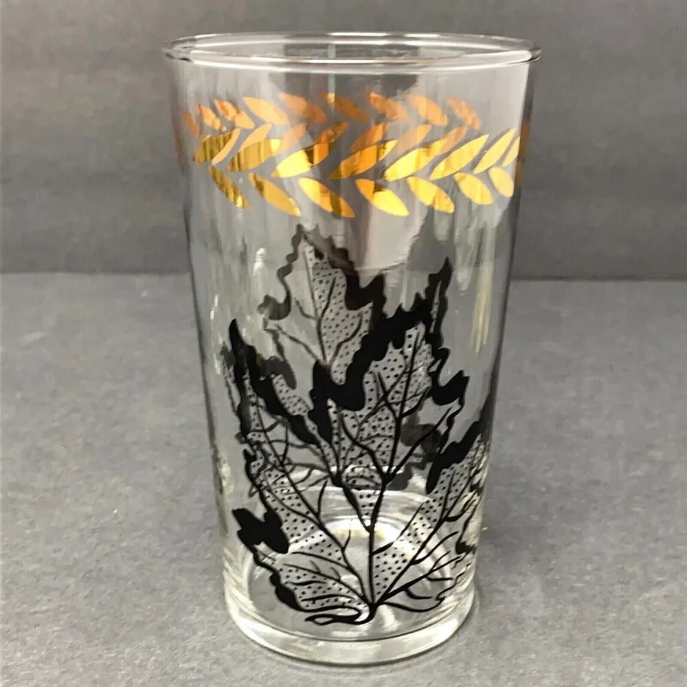 VTG Federal Glass Black Oak Leaf Gold Laurel Tumblers Set 6 MCM Drinking Glasses